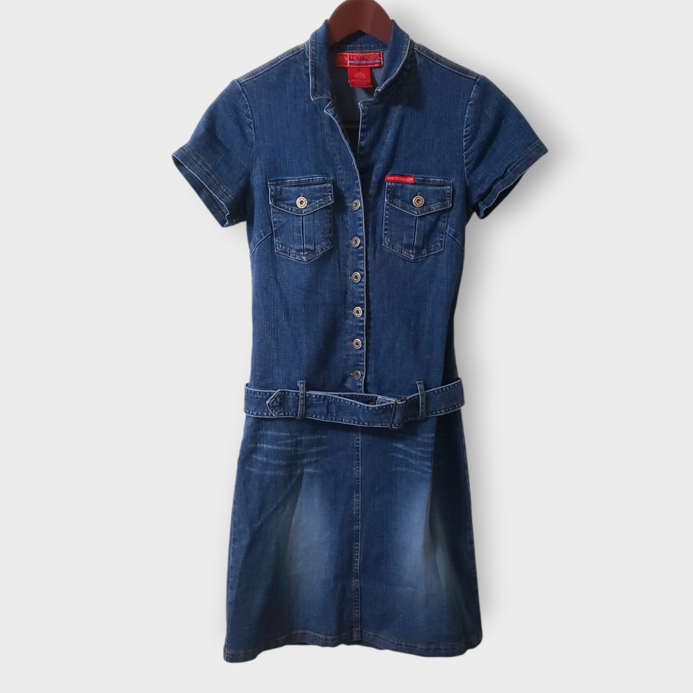 VTG‎ Y2K Hotkiss Denim Belted Mini Dress Juniors Size Medium Blue 2000s
